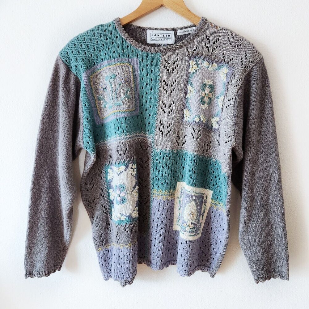 Vintage JANTZEN Floral Eyelet Hand Embroidered Sweater Women’s Size XL Cottage
